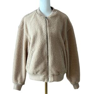 Avec Les Filles Cozy Teddy Bear Cream Tan Sherpa Zip Bomber Jacket Size Small